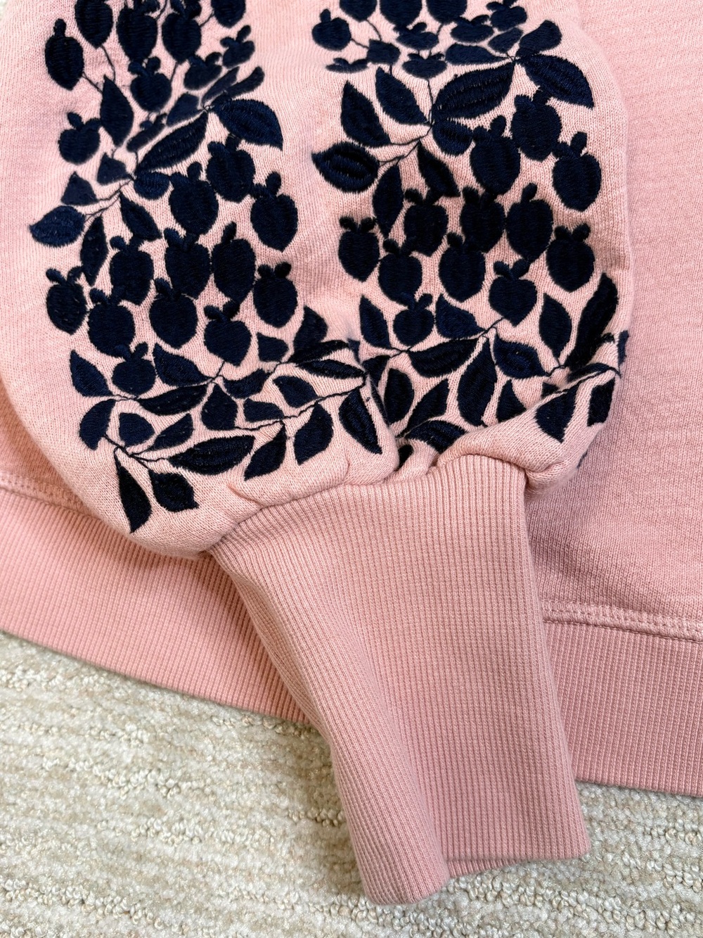 Boden Pink Puff Sleeve Sweatshirt with Black Floral Sleeve Detail - Picture 7 of 9